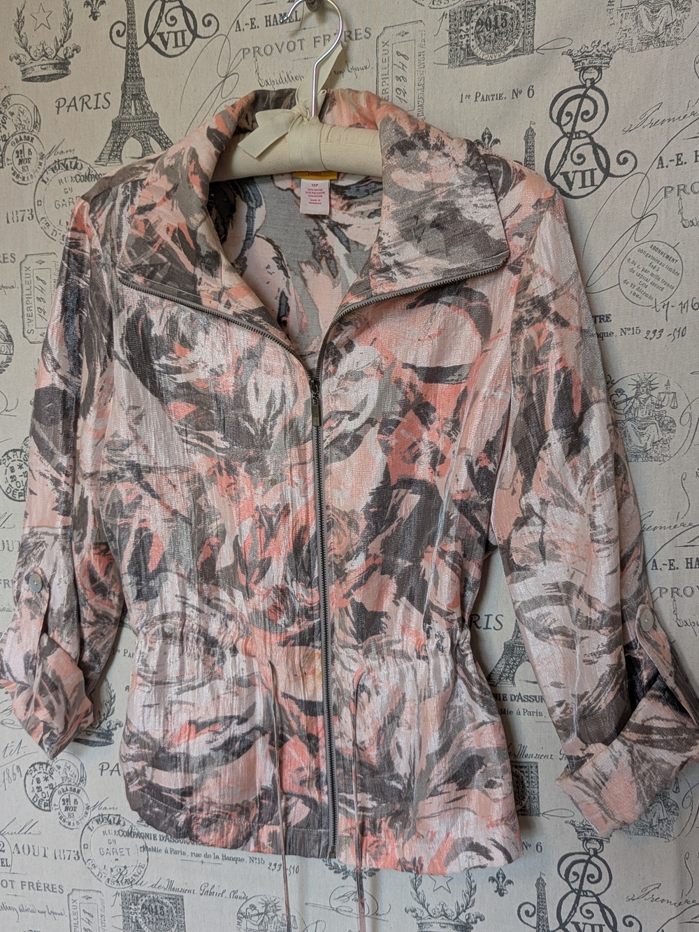 Ruby Rd. Pink and Gray Floral Lightweight Shimmer Jacket Size 12P